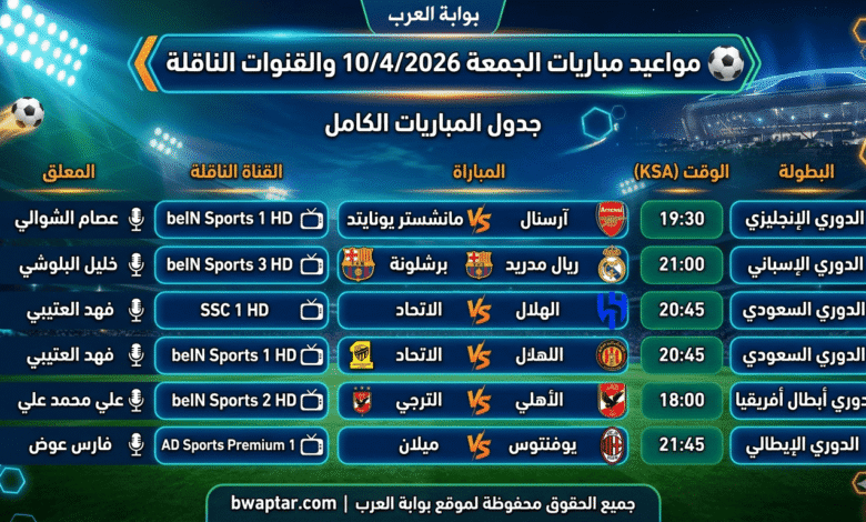 مباريات الجمعة 10/4/2026