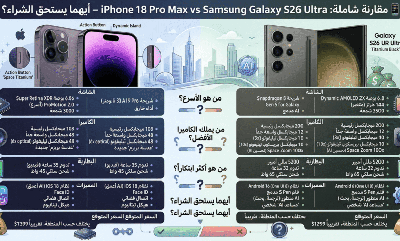 مقارنة شاملة: iPhone 18 Pro Max vs Samsung Galaxy S26 Ultra