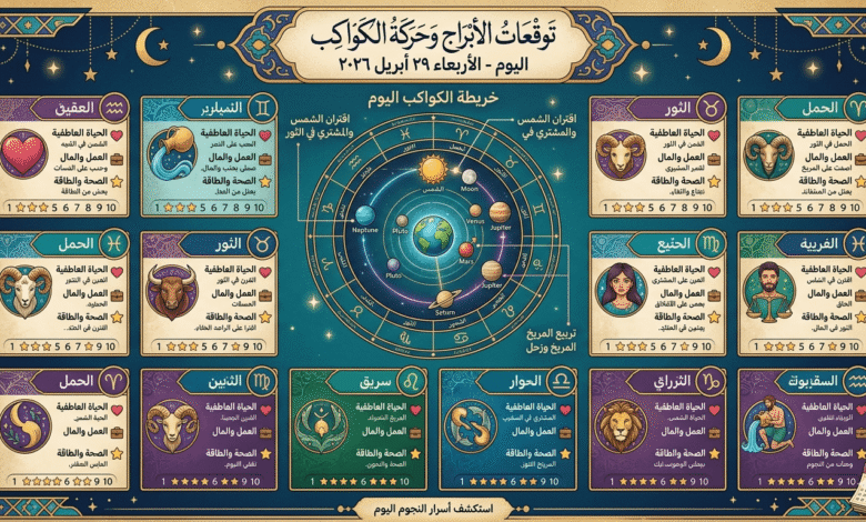 توقعات الأبراج اليوم الأربعاء 29 ابريل 2026 وحركة الكواكب