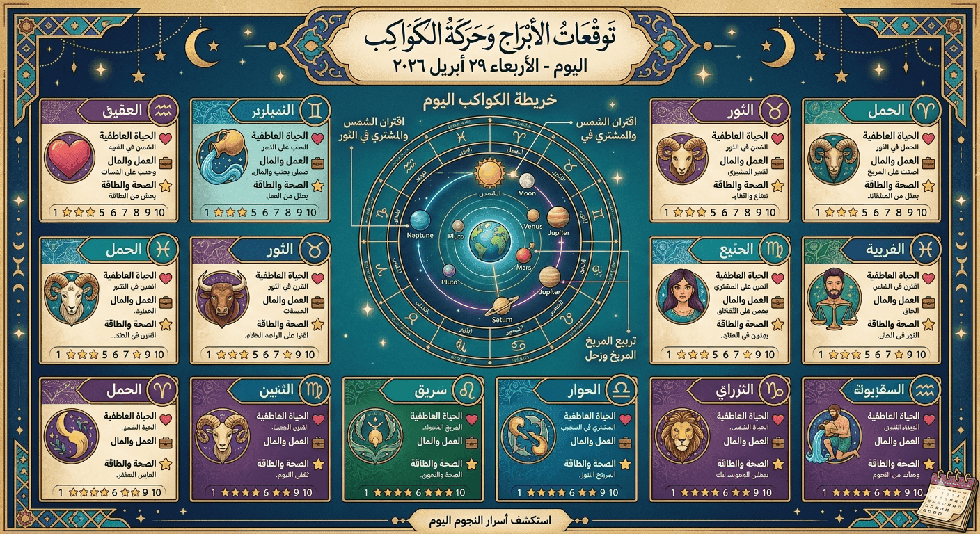 توقعات الأبراج اليوم الأربعاء 29 ابريل 2026 وحركة الكواكب