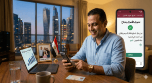 رجل يرسل أموالاً عبر تطبيق بنكي لتمثيل ارتفاع تحويلات المصريين بالخارج