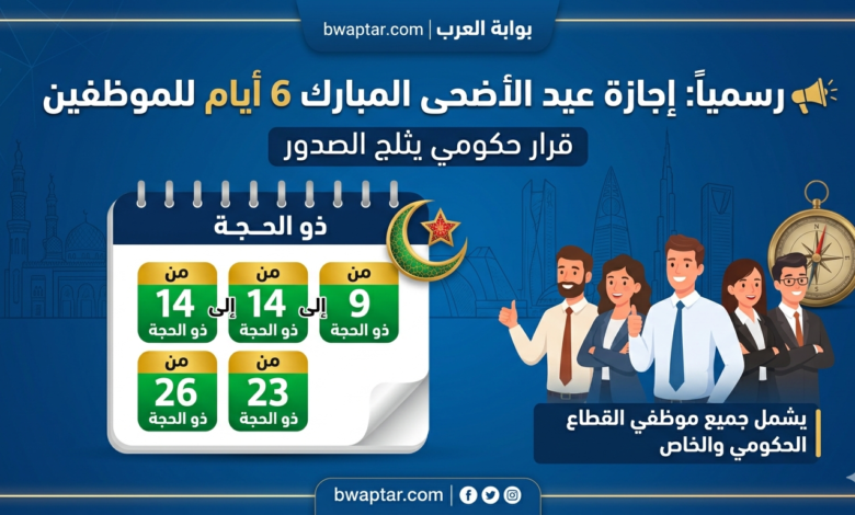 عيد الأضحى المبارك 6 أيام للموظفين
