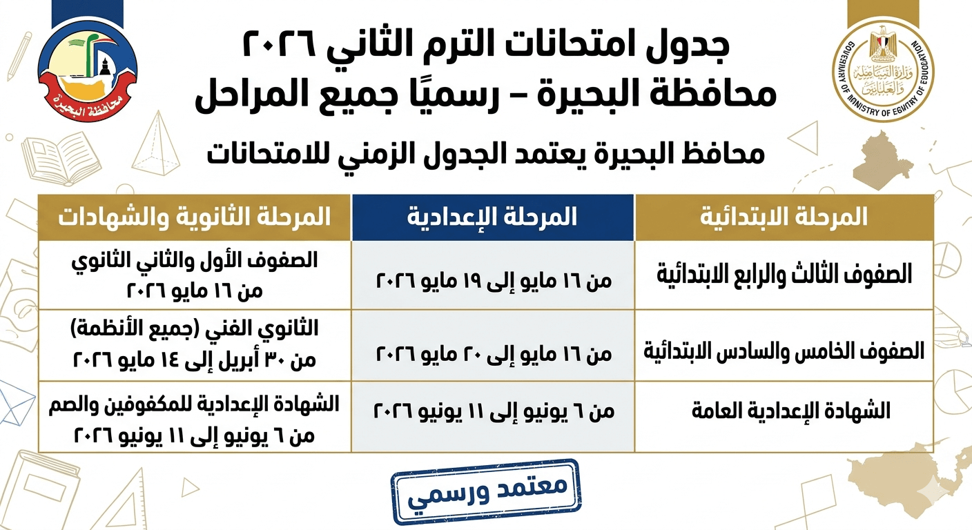 امتحانات الترم الثاني 2026 محافظة البحيرة