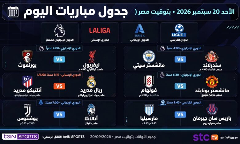 مباريات اليوم الأحد 20-9-2026